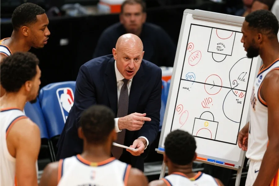 一名NBA教练在暂停时与球员紧密讨论战术,球员们神情专注,战术板上画有复杂的战术布置
