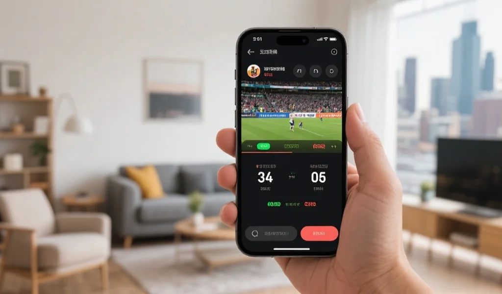 高清体育赛事直播界面，手机屏幕上实时显示比分和精彩瞬间，背景为现代都市家庭环境